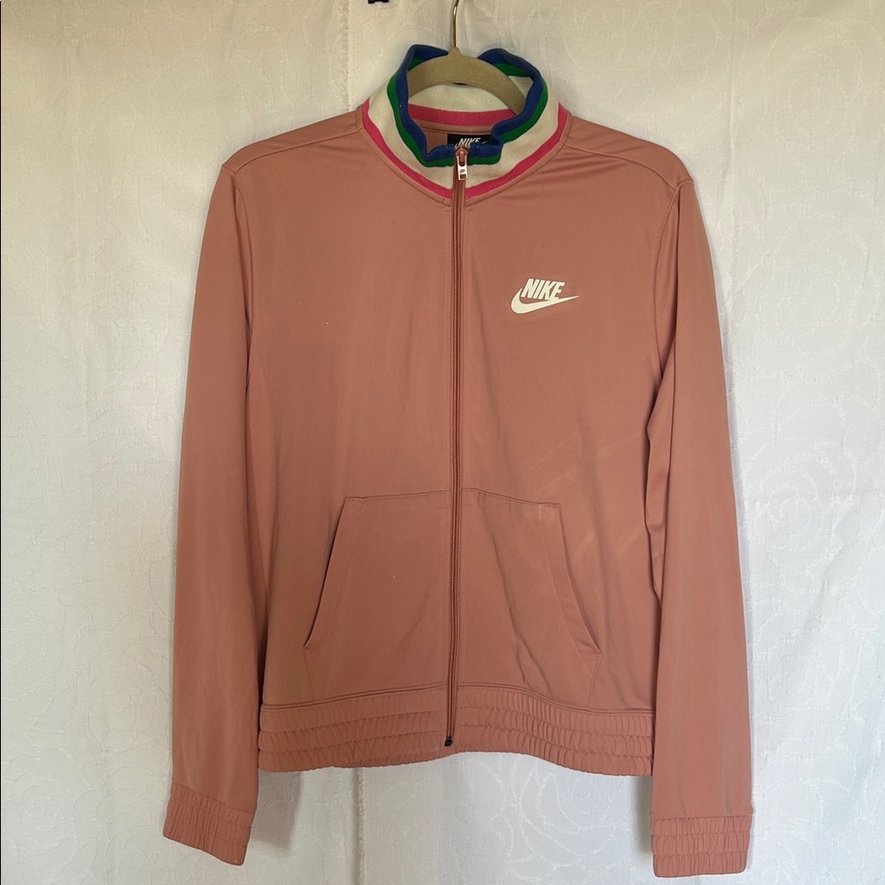 Nike Women's Dusty Rose Zip-Up Varsity Jacket with Multicolor Collar Size Med